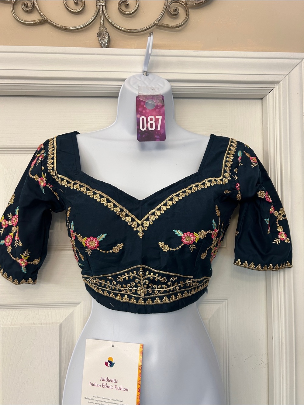Embroidered Navy Floral Crop Blouse with Gold Accents. Made in India